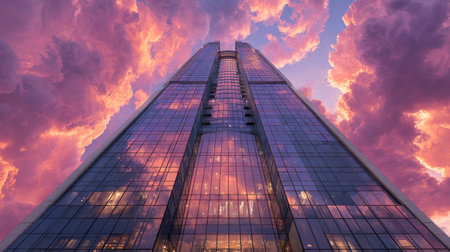 A tall skyscraper dominates the frame, its glass facade reflecting the vibrant colors of a sunset sky. The building rises towards dramatic, swirling clouds. The image employs an upward angle, creating a sense of scale and ambition. Suitable for architectural, business, or conceptual projects.の素材