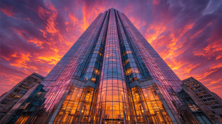 A tall skyscraper dominates the frame, its glass facade reflecting the vibrant colors of a sunset. The building's architecture creates a strong upward visual, contrasting with the fiery sky. The lighting highlights textures and detail. Suitable for commercial projects or editorial use related to finance or urban development.の素材