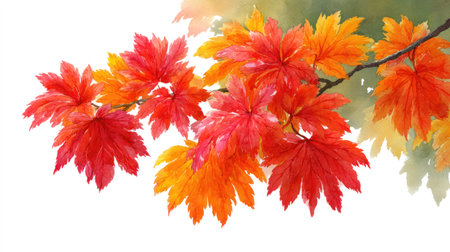 A watercolor painting depicts a branch laden with colorful autumn leaves. The leaves display a vibrant range of red and orange hues, with delicate shading. The composition features a natural arrangement, set against a clean white background. This image is suitable for various editorial and commercial applications.の素材