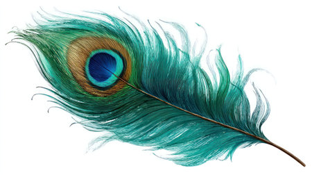 A detailed illustration showcases a single peacock feather against a stark white backdrop. The feather displays a spectrum of teal and turquoise hues, with a prominent eye-shaped pattern. The composition emphasizes the feather's texture and intricate design, suitable for various design projects and editorial uses.の素材
