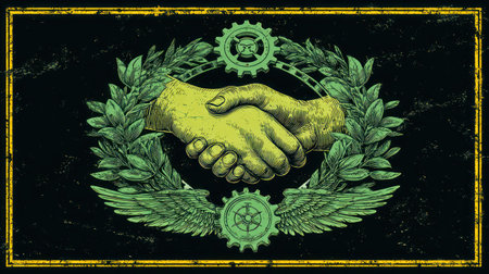 An illustration features a handshake at the center, surrounded by laurel branches and mechanical gears. The artwork utilizes green and yellow tones against a dark backdrop. The composition suggests concepts of collaboration and agreement, suitable for various business or conceptual applications.の素材