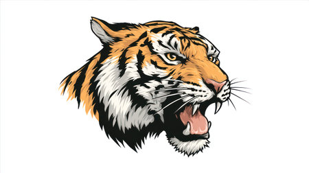 This vibrant illustration depicts a tiger's head with its mouth open, showcasing sharp teeth. The artwork features bold lines, a combination of orange and black stripes, and realistic detail. The image is set against a clean white backdrop, creating a striking contrast suitable for various commercial or editorial applications.の素材