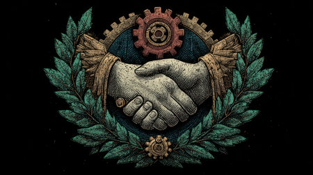 This image depicts a handshake at the center, framed by gears and a laurel wreath. The illustration showcases a vintage style with earthy tones and textures. It may be suitable for representing collaboration, agreement, or teamwork concepts in various commercial applications. The composition uses symmetrical balance with overhead lighting.の素材