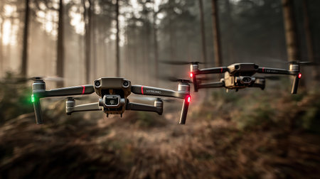 Two drones are depicted in mid-flight against a blurred backdrop of a forest. The image showcases the drones' design, featuring dark colors and illuminated lights. The scene suggests an outdoor environment with soft, diffused lighting. This image may be suitable for illustrating technology, aerial photography, or related commercial applications.の素材