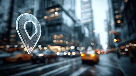 A translucent location pin graphic is superimposed over a blurred urban street scene. The image features vehicles moving along a wet road with building structures in the background. The composition includes depth of field and soft lighting. Suitable for commercial or editorial applications related to navigation or urban environments.の素材