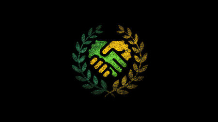 An illustration depicts a handshake icon enclosed within a laurel wreath, suggesting collaboration and agreement. The composition features green and yellow hues against a dark backdrop. This graphic design utilizes a simplified style. Potential uses include designs representing teamwork, partnership, and various business or editorial applications.の素材