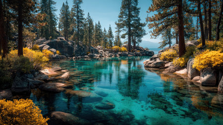 A picturesque view showcases a serene lake surrounded by evergreen trees and rocky shores. The water reflects the blue sky, creating a vibrant turquoise hue. Abundant plant life, including yellow bushes, lines the banks. This landscape image is suitable for various commercial uses, including website backgrounds and print media.の素材