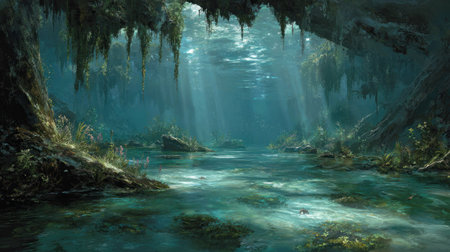 An underwater scene depicts a cavern with light beams filtering through the water. The composition showcases aquatic plant life, textures, and color variations of blue and green. The lighting suggests a day setting within a natural underwater environment, suitable for various editorial and commercial applications.の素材