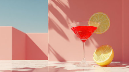 A refreshing red cocktail is presented with a lemon slice and a whole lemon. The composition features soft shadows cast across a pink wall against a clear blue sky. This image evokes feelings of relaxation and could be used in advertising material or editorial layouts.の素材