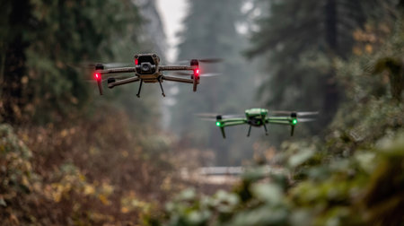 Two drones are captured in flight against a blurred forest backdrop. They display illuminated lights, suggesting operation. The image showcases a natural outdoor setting, possibly highlighting aerial technology and its applications. Suitable for various projects, it can be used for illustrating innovation and technological advancements.の素材