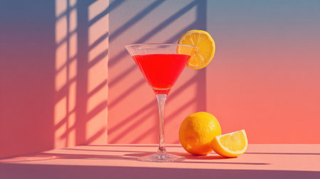 A refreshing cocktail is presented in a stem glass, garnished with a lemon slice, against a backdrop of soft gradient colors. The composition features a play of shadows from an unseen source, adding dimension. This visual is suitable for promotional materials, beverage industry publications, and various design projects.の素材