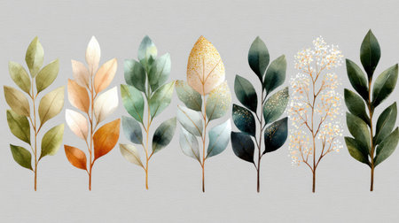 This image features a collection of watercolor illustrations depicting different types of leaves and branches. The artwork showcases a variety of colors, textures, and compositions against a neutral background. Ideal for decorative purposes or design elements, the illustrations may be suitable for a range of commercial applications.の素材
