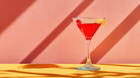 A martini glass filled with a red cocktail is set against a pink background, with yellow surfaces in the foreground. The composition features strong diagonal shadows, and the drink is garnished with a cherry and a lemon peel. Suitable for use in advertising campaigns, promotional materials, or editorial content.の素材
