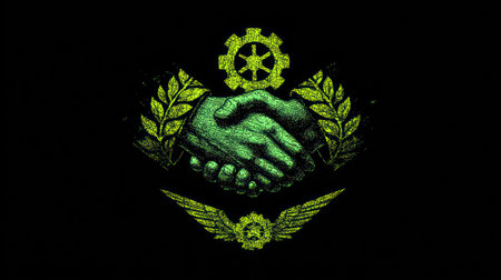 This graphic composition features a handshake motif in green hues set against a black backdrop. It incorporates additional decorative elements such as a gear and laurel branches. The artwork's dark aesthetic and symbolic imagery suggest its suitability for various visual communication projects including editorial or commercial applications.の素材