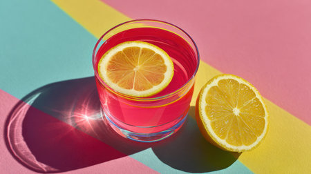 A glass of bright pink liquid with a lemon slice rests next to another lemon half against a striped backdrop. The composition features a strong overhead light casting distinct shadows. This colorful, inviting image is suitable for various editorial and commercial applications.の素材