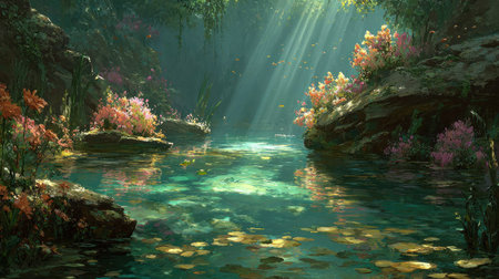A vibrant illustration portrays a serene forest pond, bathed in sunlight filtering through lush trees. The scene features crystal-clear water reflecting the surroundings, with colorful vegetation adorning the banks. Suitable for various creative projects, this image may be used for editorial and commercial applications.の素材