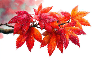 This image features colorful autumn leaves with shades of red and orange, clustered on a branch. Water droplets adorn the leaves, suggesting recent rain. The style appears artistic, with soft focus and a clean white background. Suitable for various design projects, it is ideal for commercial or editorial use.の素材