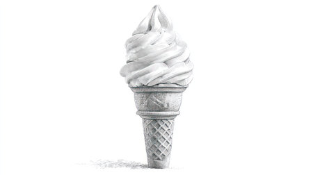 An illustration depicts a vanilla soft serve ice cream cone against a white backdrop. The detailed rendering features swirling texture, cone pattern, and shadow effects suggesting overhead lighting. This image could be suitable for various uses, including advertising and educational purposes related to food or design.の素材
