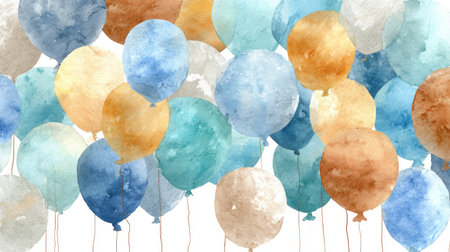 A collection of watercolor balloons floats against a white backdrop. The balloons display a range of soft colors including blue, teal, orange, and white. The artwork has a textured appearance and artistic style. This imagery may be ideal for commercial design projects or editorial illustrations with copy space.の素材