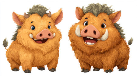 Two cartoon boars are illustrated with cheerful expressions and detailed fur. The artwork features warm orange and brown tones, possibly digital, with a focus on character design. The composition is likely for design or marketing applications, suitable for various projects that require friendly animal representation.の素材