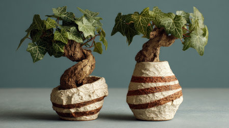 Two decorative potted plants are presented against a muted background. The bonsai-style plants feature textured brown trunks and lively green foliage. The pots display a cream and brown banded design. This image could be used for various commercial projects related to nature or home decor.の素材