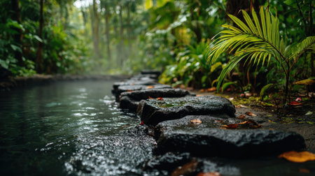 A stone path leads into a river, surrounded by lush vegetation. The image displays a natural environment dominated by shades of green with high detail. The composition uses depth of field to draw focus. Ideal for use in projects about nature, travel, or environmental themes.の素材