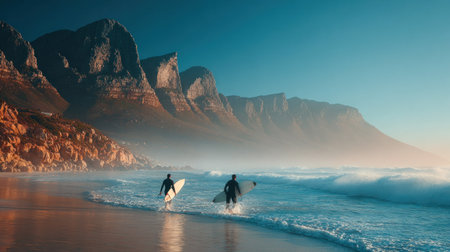 Two individuals carry surfboards into the ocean at dawn. The scene features a clear sky and the rising sun, creating a gradient of blue and gold. The composition is wide, showcasing a sandy beach and a range of mountains in the distance, implying an outdoor setting suitable for various uses.の素材