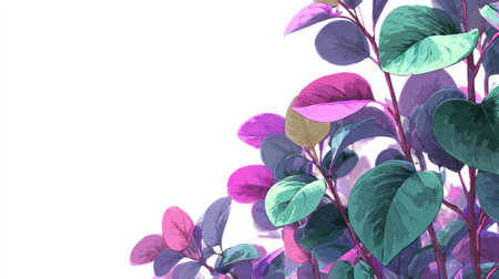 An artistic depiction presents a plant featuring an array of colorful leaves in shades of green, purple, and pink. The leaves exhibit a smooth texture, while the composition is set against a plain white background. The image could be suitable for various design projects and commercial applications requiring visual elements.の素材