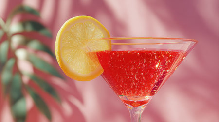 A refreshing cocktail sits in a stemmed glass, featuring a bright red liquid and a lemon garnish. The image presents a clean aesthetic, with soft lighting and a blurred background of a pink hue. This versatile shot can be used for promotional material related to food and beverage.の素材