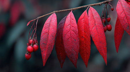 This image showcases a close-up of a branch adorned with vividly red leaves and small red berries. The composition highlights the rich color of the leaves, the detailed texture, and a soft, blurred background. It can be used for various projects, including editorial content and design purposes.の素材