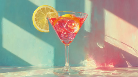 A refreshing cocktail, garnished with a lemon slice, is featured in this image. The drink's red hue contrasts with the teal textured background. The composition highlights the cocktail in a brightly lit setting, possibly suggesting leisure. The photograph is suitable for various commercial or editorial uses related to beverages or lifestyle.の素材
