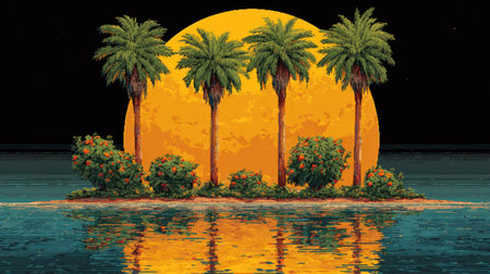 An island scene features palm trees set against a large orange sun. The image showcases the trees and their reflection in the water, creating a tranquil environment. The composition employs bright colors and detailed textures. Suitable for commercial or editorial applications, the artwork evokes a sense of peace.の素材