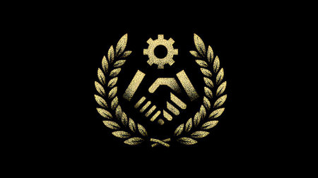 An emblem depicts two hands clasped in agreement, topped with a gear, surrounded by a laurel wreath. The illustration showcases gold and black tones, with textured shading suggesting a vintage or digital art style. This image is suited for commercial applications in business, teamwork, and industry concepts.の素材