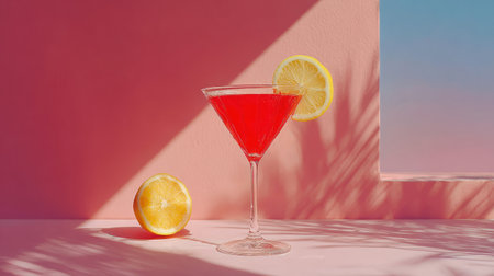 A martini glass filled with a red cocktail stands before a pink wall, adorned with lemon slices. The image exhibits a high-key lighting setup with visible shadows, suggesting outdoor sunlight. This composition could be used to illustrate concepts related to beverages, refreshment, or food and beverage advertising.の素材