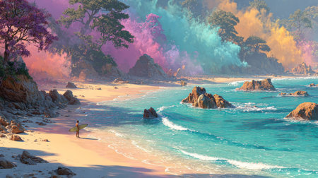 This image presents a serene beach landscape featuring a turquoise ocean and a sandy shore. A person stands near the water's edge, while colorful mist rises behind the trees. The composition includes rock formations and an overall artistic style suitable for creative projects or visual content.の素材