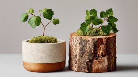 Two small plants are displayed in minimalist pots against a plain background. One plant is housed in a smooth ceramic container with a wooden base, while the other grows from a section of a tree trunk. The image presents neutral tones and natural textures, suitable for various uses.の素材