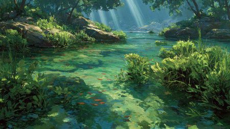 A picturesque forest stream is captured in a landscape scene. Sunlight filters through the canopy, illuminating the clear water and lush green vegetation. The composition highlights the natural beauty with a focus on color and texture, making it suitable for various commercial and editorial applications.の素材