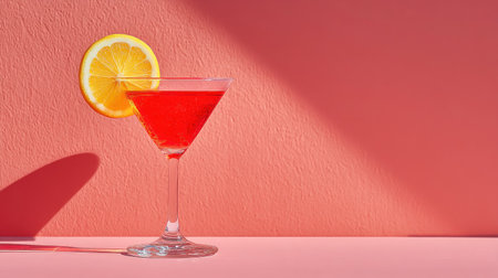 A close-up captures a bright red cocktail in a stemmed glass, garnished with an orange slice. The drink is set against a textured pink wall, with dramatic shadows created by overhead lighting. This composition features clean lines and is suitable for various promotional or editorial applications.の素材