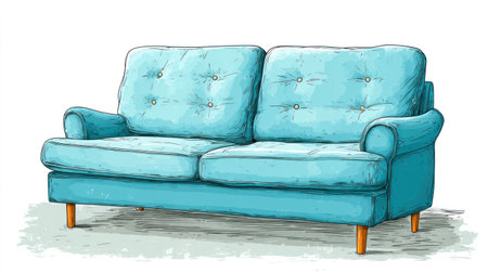 This illustration showcases a detailed depiction of a turquoise sofa against a clean white backdrop. The image features soft textures and a watercolor style, suggesting a comfortable seating arrangement. The design could be used in various commercial applications such as interior design projects, or editorial content related to home furnishings.の素材