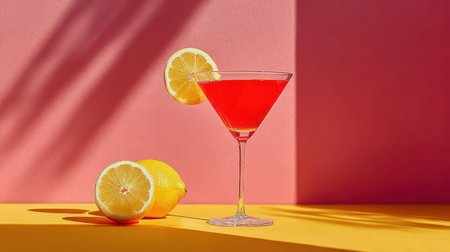 A bright red cocktail is presented in a martini glass, garnished with a lemon slice. Beside the glass are two halves of a yellow lemon. The composition features a vivid color palette, with a yellow surface and a pink background, with shadows. This image is suitable for promotional materials related to beverages and entertaining.の素材
