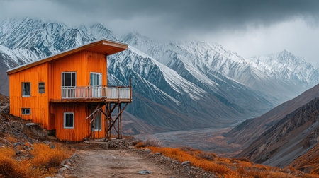 An orange cabin with a balcony stands in a mountain valley. The composition highlights the geometric lines of the structure and the natural elements surrounding it. The setting sun bathes the scene in warm light, creating a dramatic contrast with the cool tones of the mountains. This image could be used for architectural concepts or travel campaigns.の素材