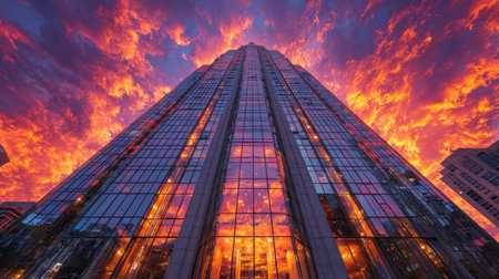 An imposing skyscraper dominates the frame, its glass facade mirroring a dramatic sunset. The composition showcases the building's height and architectural details, with vivid orange and purple hues. The image suggests a dynamic urban setting during the evening, potentially suitable for commercial or promotional material.の素材