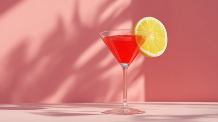 A refreshing red cocktail with a lemon garnish is presented in a classic martini glass. The image showcases a minimalist aesthetic with a soft pink background and subtle shadow effects. It suggests a warm, inviting ambiance suitable for commercial applications related to food, beverages, and lifestyle.の素材