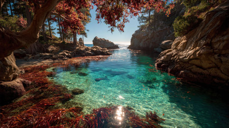 A picturesque coastal scene showcases a clear lagoon with turquoise waters, surrounded by rocky cliffs and vibrant red foliage. The composition features a natural arrangement of rocks and trees. Bright sunlight illuminates the scene, suggesting an outdoor environment perfect for various commercial applications and visual storytelling.の素材