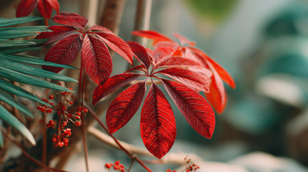 Close-up captures vivid red leaves displaying intricate textures and patterns. The composition features a natural arrangement with a soft focus background. This image highlights the interplay of light and shadow. Suitable for botanical studies, decorative applications, or editorial content.の素材