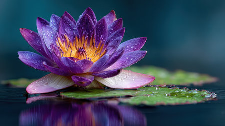 A close-up captures a blooming water lily, showcasing its purple petals and yellow center. The image highlights delicate water droplets. The flower rests on lily pads against a blurred, dark background. Suitable for various design and decorative applications, this image is ideal for both commercial and editorial use.の素材