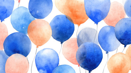This watercolor illustration features multiple balloons in shades of blue and orange. The balloons appear to be floating against a plain white backdrop. The soft textures and watercolor style suggest a cheerful and airy atmosphere. Suitable for use in various design projects or marketing materials.の素材