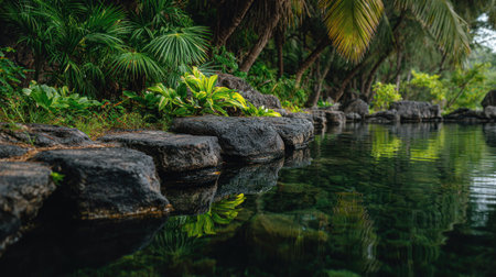 A waterside scene showcases a serene natural environment with dark rocks and green vegetation. The composition features a reflective body of water, with overhead lighting. Suitable for environmental themes, travel publications, or nature-related advertising, the image provides ample copy space.の素材