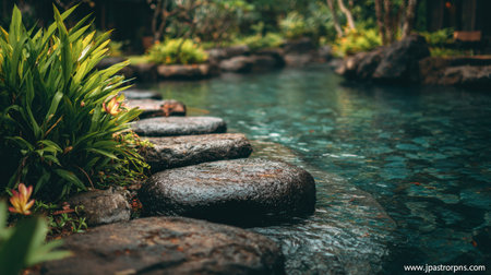 This image presents a serene water feature, showcasing natural stepping stones leading towards a blurred background. The scene includes various shades of green foliage along the edges of the water and a dark, moody ambiance. The photo is suitable for conceptual projects or illustrations focusing on nature or wellness.の素材