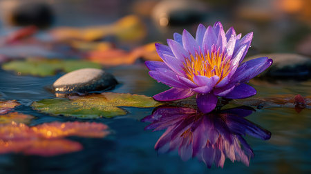A close-up view displays a striking purple water lily with a yellow center floating on still water. The scene features reflections and soft lighting, highlighting the flower's delicate petals and the water's texture. Suitable for various editorial and commercial applications. The composition emphasizes natural beauty in a serene environment.の素材